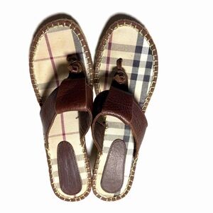 Burberry Nova Check Brown Leather Espadrille Thong Wedge Sandals Size EU 40